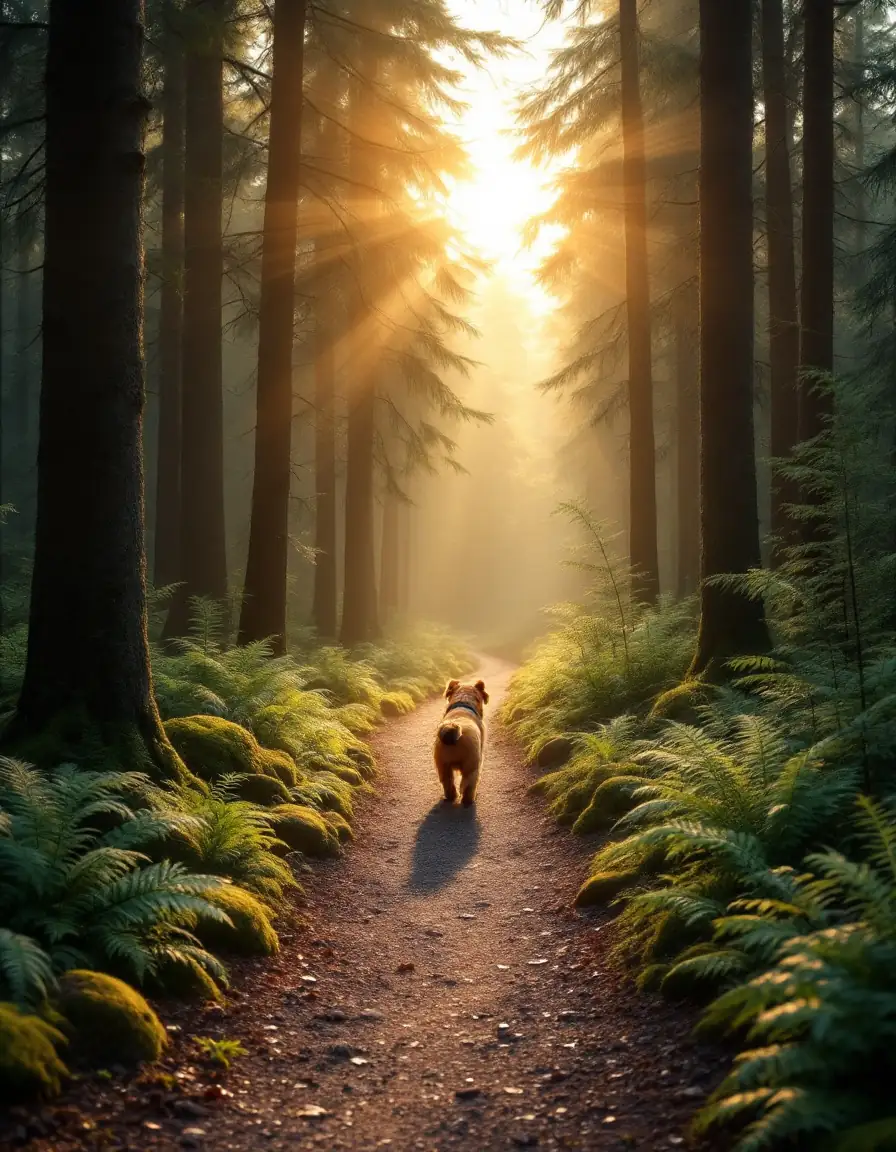 Eine einzelne Laterne leuchtet warm an einem schmalen Pfad in einem nebligen, dunklen Tannenwald